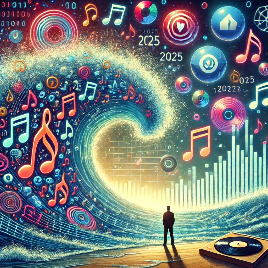 Illustration métaphorique : une personne regarde une vague géante faite de notes de musique, d’algorithmes et de code binaire, symbolisant l’abondance musicale en 2025, avec un vinyle lumineux représentant l’authenticité.