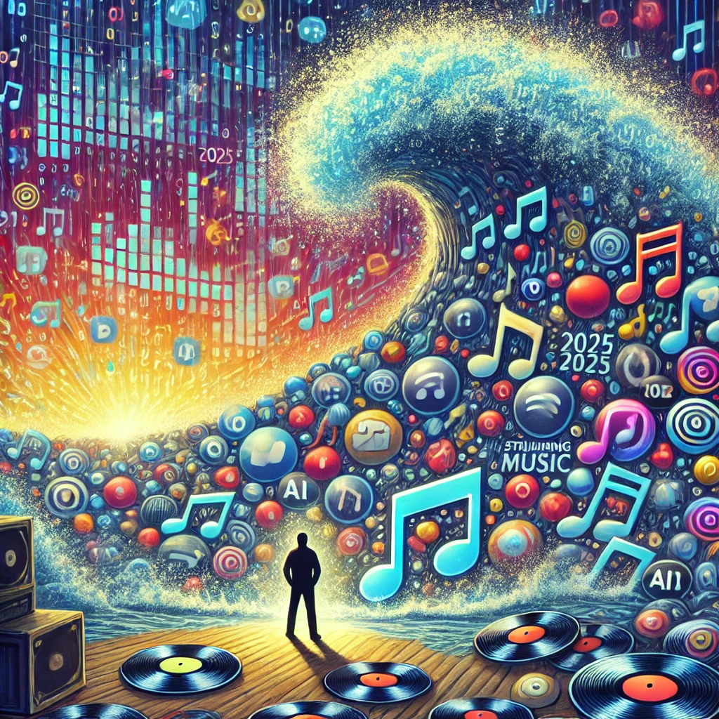 Metaphorical illustration: a person facing a giant wave made of musical notes, algorithms, and binary code, symbolizing music abundance in 2025, with a glowing vinyl representing authenticity.