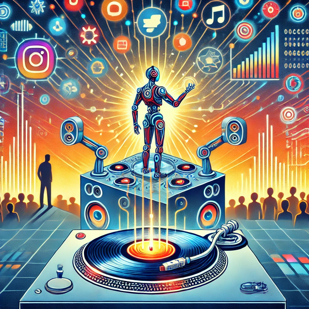 Illustration moderne et symbolique : une cabine de DJ transformée en machine algorithmique futuriste, dominée par des écrans et des flux de données, tandis qu’un vinyle lumineux et une petite foule représentent l’authenticité humaine