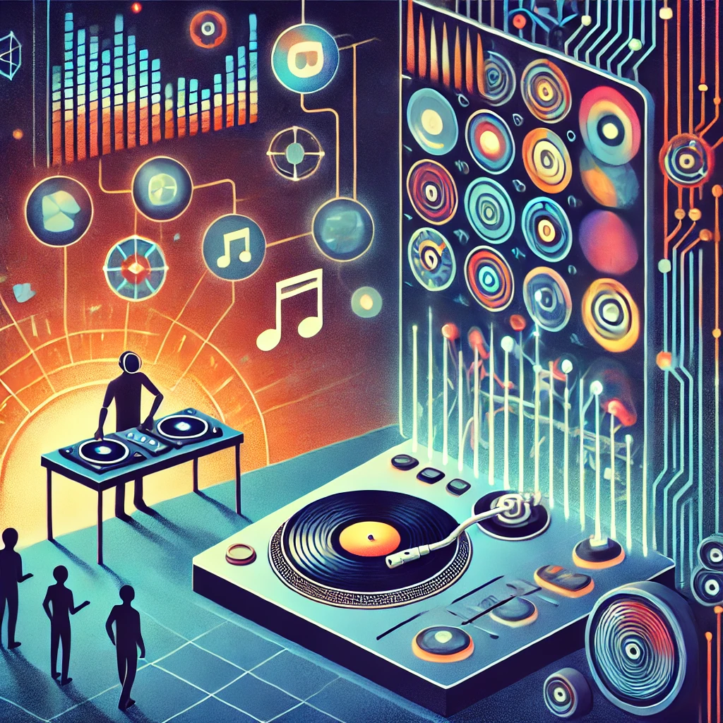 DJ mixing console with digital data visualization showing music analytics, streaming algorithms, and electronic music technology in futuristic neon-lit environment