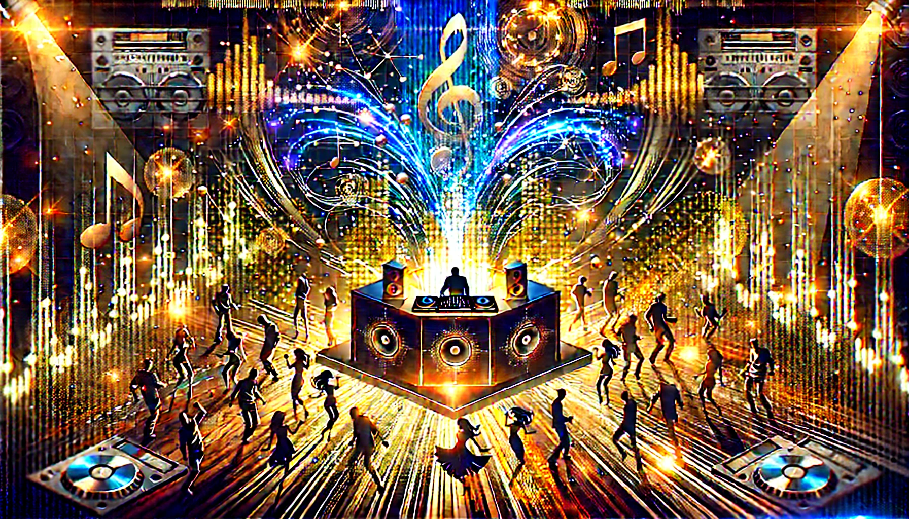 Illustration éditoriale d’une scène de club moderne : une cabine de DJ illuminée au centre, entourée de silhouettes dansantes, avec des ondes sonores dorées s’élevant dans l’air.