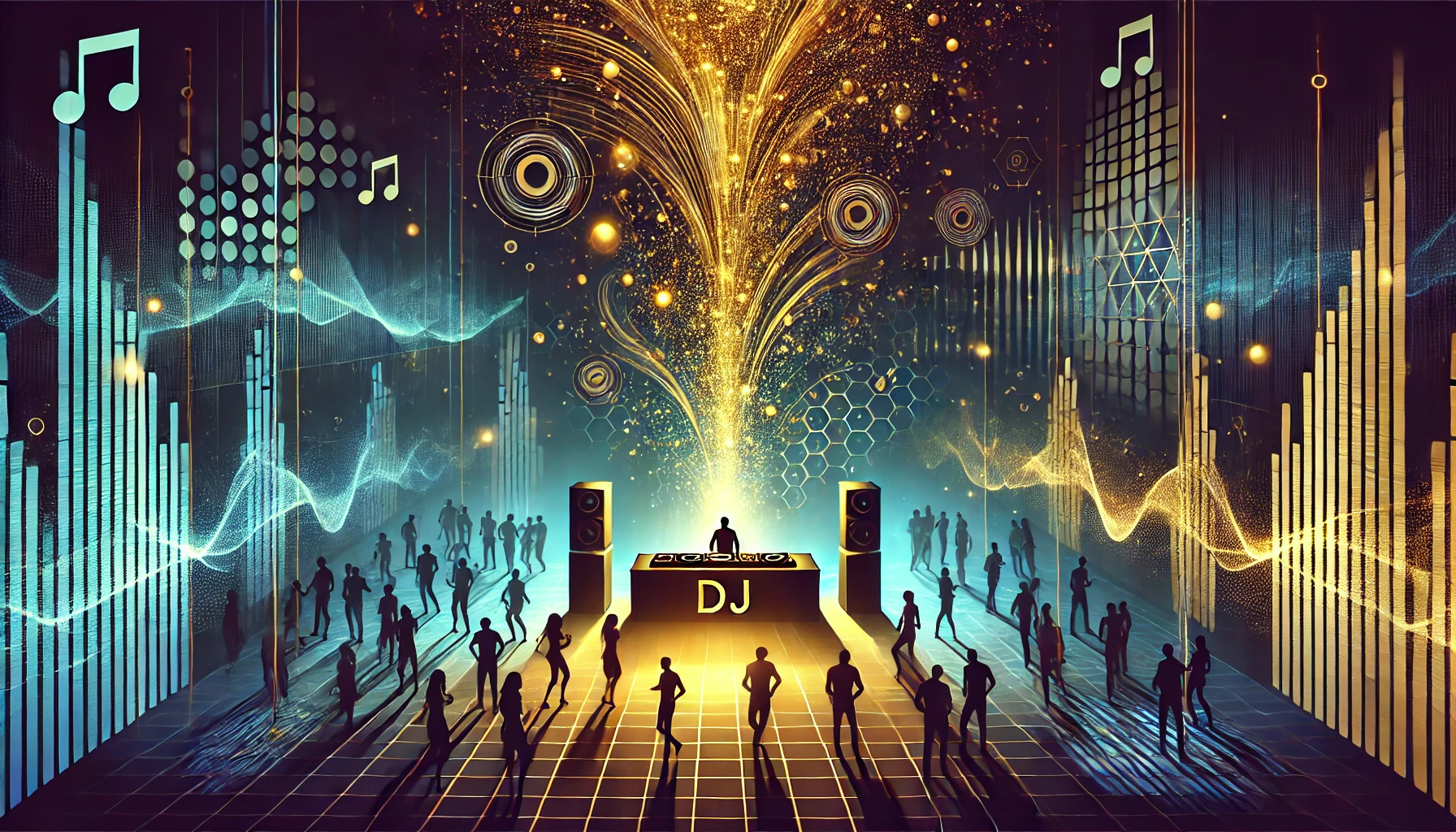 A futuristic nightclub scene with a glowing DJ booth at the center, golden sound waves rising like fireworks, and silhouettes of people dancing against vibrant audio-visual graphics.